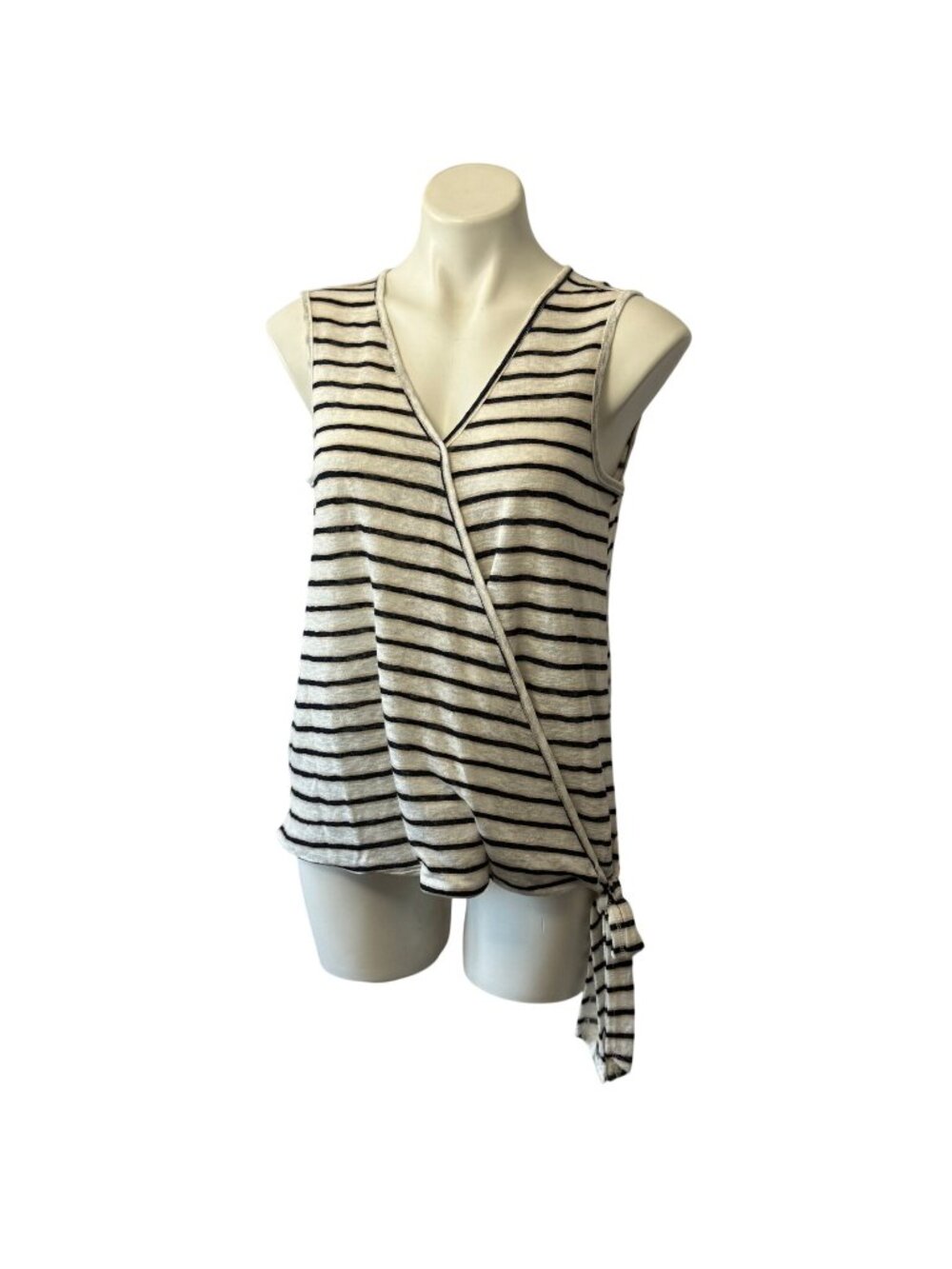 Bobeau Womens Striped Sleeveless Wrap Tie Front Top Beige/Black - M